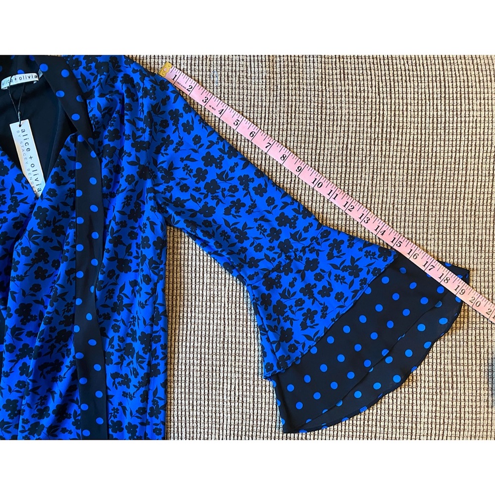 Alice + Olivia Wellesly Mixed Print Tie Neck Blue Black Mini Dress - Picture 12 of 16